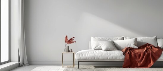 Minimalist Living Room Interior with Comfortable Seating and Blanket Beside Bright Wall. Text Space