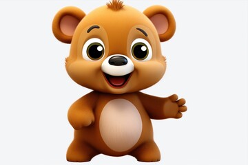 Brown toy bear with a smile waving on a white background
