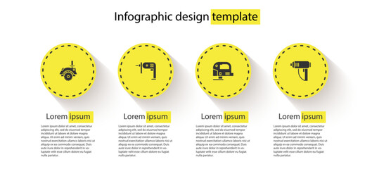 Set Electric circular saw, drill machine, jigsaw and industrial dryer. Business infographic template. Vector