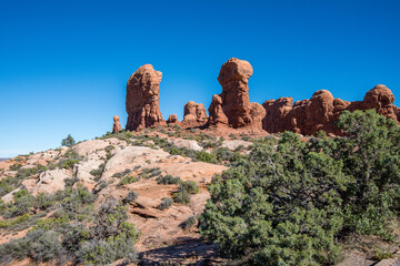 Sunny day in Arches National Park near Moab in Utah. The park contains more than 2000 natural sandstone arches.