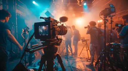 A group of performers gathered around a camera on a tripod in a dimly lit room, preparing to record a music video in a music venue - obrazy, fototapety, plakaty