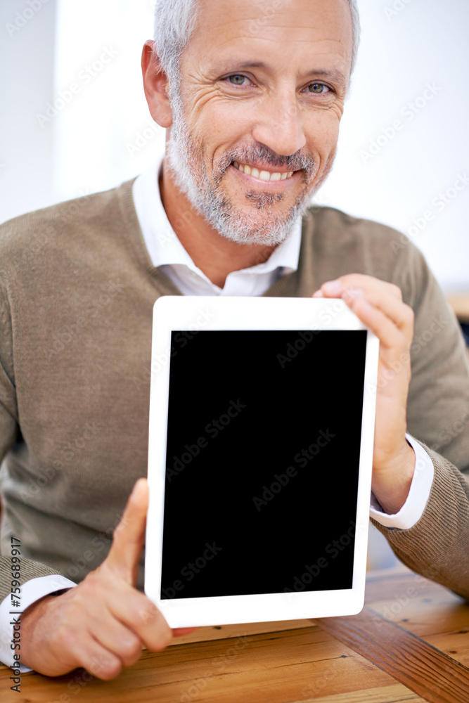 Poster portrait, tablet screen and smile of man showing mockup space at desk in office of business manager.