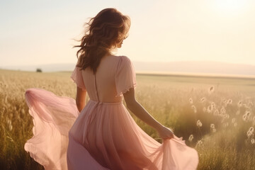 Fototapeta na wymiar Sunny Meadow Serenity: A Beautiful Young Woman Embracing Nature's Freedom in a White Dress, Enjoying the Tranquility of a Summer Sunset in a Blossoming Field.
