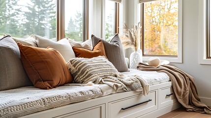 Modern style large bedroom incorporating a built-in window bench with storage drawers and a cozy throw blanket