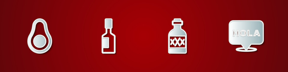 Set Avocado fruit, Tabasco sauce, Tequila bottle and Hola icon. Vector © vector_v