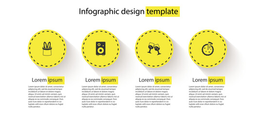 Set Magician hat and rabbit ears, Stereo speaker, Glass of champagne and Homemade pie. Business infographic template. Vector