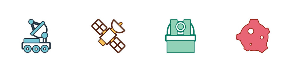 Set Mars rover, Satellite, Astronomical observatory and Asteroid icon. Vector