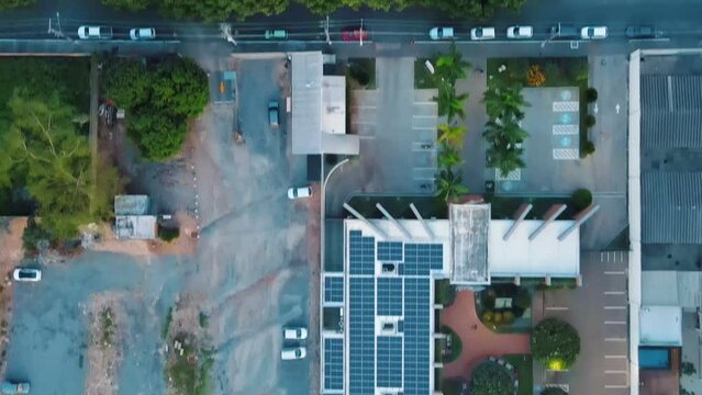 Aerial top down of solar panel roof in park in summer in Cuiaba Mato Grosso