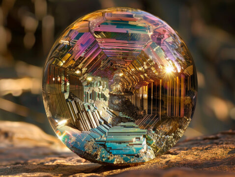 Bismuth Crystal Sphere, Bright Colorful Neon Color Ball Photograph.
