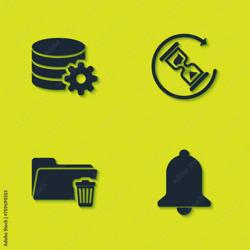 Poster set setting database server, ringing bell, delete folder and waiting icon. vector