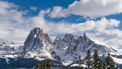 Fototapeta premium Dolomite Langkofel mountains in the winter as seen from the Seiser Alm