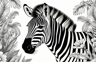 Fototapeta na wymiar Black and white zebra with floral line art. 