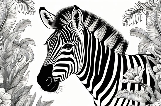 Black and white zebra with floral line art.	