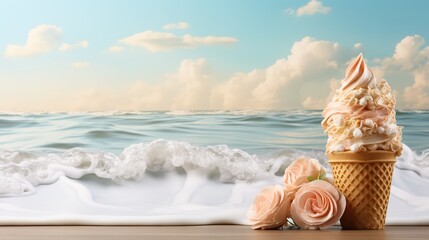Classic British ice cream cone set atop seashells and flowers with a backdrop of the beach and the sky and space for text, Generative AI. - obrazy, fototapety, plakaty