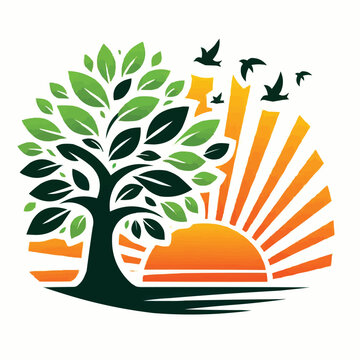 free vector tree with a sunset in the background