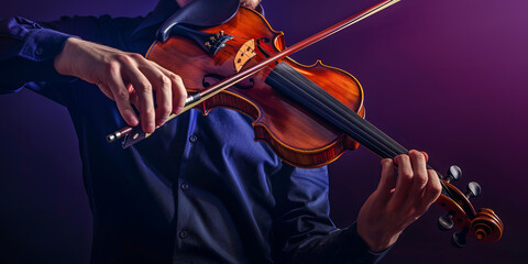 Intense close-up of male hands playing the violin, bathed in dramatic purple lighting - Powered by Adobe