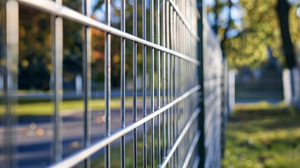 A modern panel fence in anthracite color. Grey metal corrugated fence in front of a residential building. Texture of profiled metal.