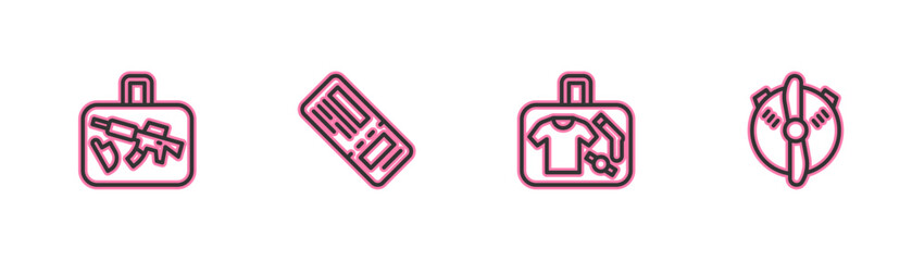 Set line Suitcase, , Airline ticket and Plane propeller icon. Vector