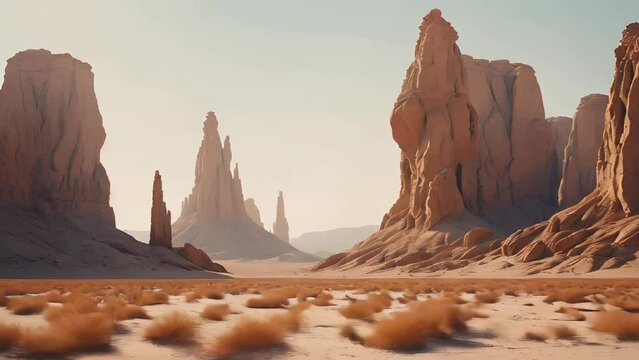 A vast desert wasteland dotted with towering rock formations, glowing with otherworldly energy