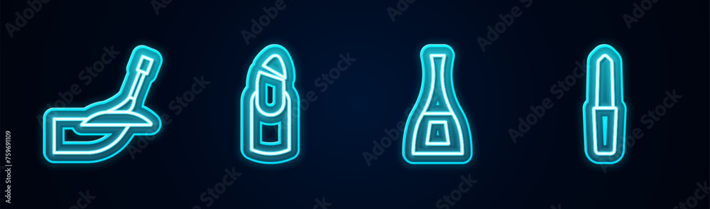 Canvas Prints Set line Manicure, Broken nail, Bottle of polish and Nail file. Glowing neon icon. Vector