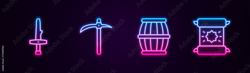 Sticker Set line Dagger, Pickaxe, Gun powder barrel and Decree, parchment, scroll. Glowing neon icon. Vector