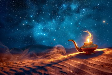 The magic lamp with smoke coming out of it, placed on desert dunes at night. 