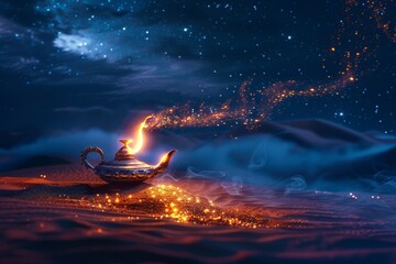 The magic lamp, glowing and smoking against an ancient desert night sky. 
