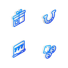 Set Isometric line Horseshoe, Gift box, Laptop and slot machine and Game dice icon. Vector
