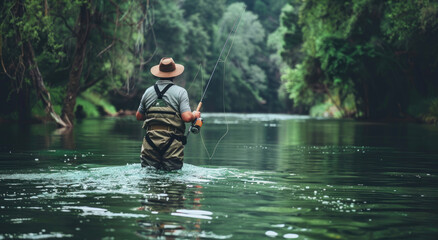 A fly fisherman is standing in the river, he has his line out and catching some fish