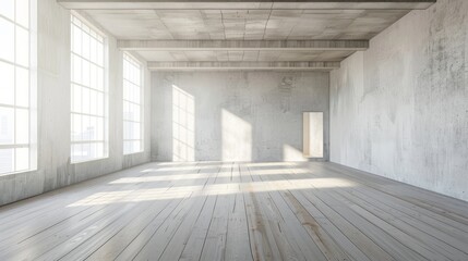 Empty room with white cement walls and wood laminate floor.  Sun light cast the shadow on the wall panel. Perspective of minimal interior design background.