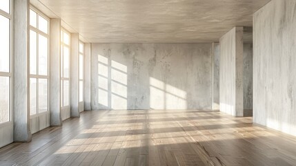 Empty room with white cement walls and wood laminate floor.  Sun light cast the shadow on the wall panel. Perspective of minimal interior design background. - obrazy, fototapety, plakaty