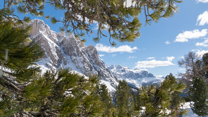 Snow and blue sky in the Sella mountains in the Dolomites