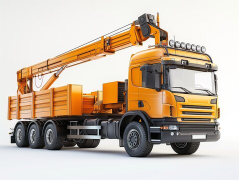 Yellow truck with crane isolated on white background