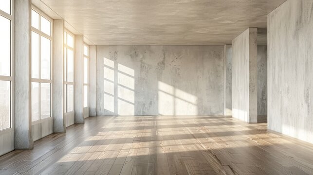 Empty room with white cement walls and wood laminate floor.  Sun light cast the shadow on the wall panel. Perspective of minimal interior design background.