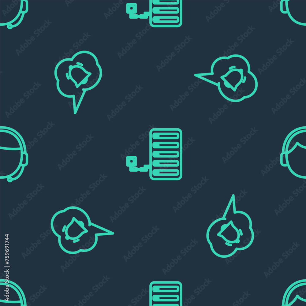Poster set line server, speech bubble chat notification and man with headset on seamless pattern. vector
