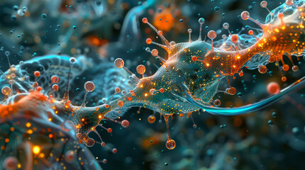 Vivid 3D Rendering of Neuronal Networks with Luminous Nodes and Synapses Showcasing Neurotransmission - obrazy, fototapety, plakaty