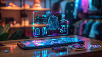Fototapeta na wymiar Futuristic Online Shopping with Holographic Interface of Clothes on a Smartphone Application