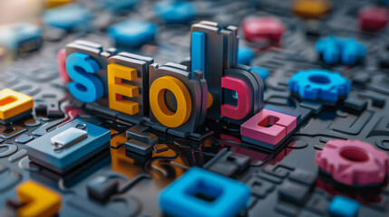 3D Text of SEO Optimization Concept with Colorful Alphabets and Computer Icons on Dark Background