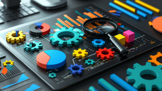 Detailed Analysis Concept with Colorful 3D Gears on Graphs and Charts Displayed on a Tablet