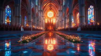 River cathedral lilies on the nave - obrazy, fototapety, plakaty