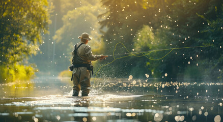A fly fisherman is standing in the river, he has his line out and catching some fish - obrazy, fototapety, plakaty