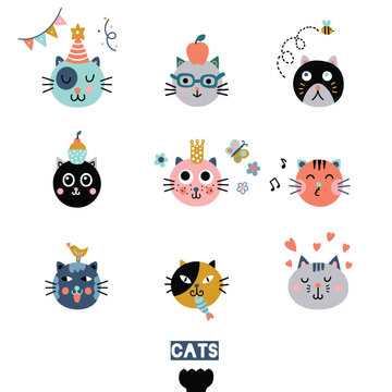 Cute cats. Set. Funny animals.Vector illustration.