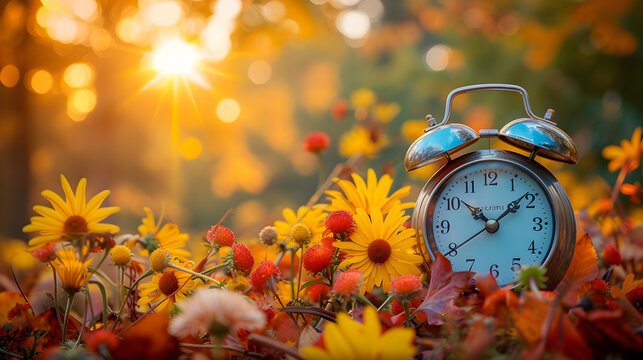 Daylight saving time ends. Alarm clock on beautiful nature background with summer flowers and autumn leaves. Summer time end and fall season coming. Clock turn backward to winter time. Autumn equinox
