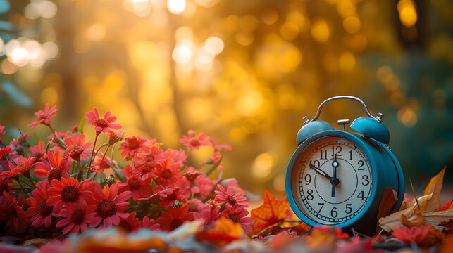 Daylight saving time ends. Alarm clock on beautiful nature background with summer flowers and autumn leaves. Summer time end and fall season coming. Clock turn backward to winter time. Autumn equinox