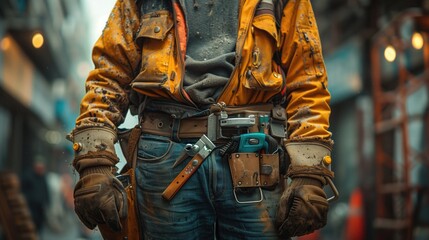 of a construction site, a skilled tradesperson dons a tool belt filled with essential tools - obrazy, fototapety, plakaty