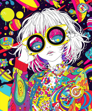 Manga Girl Portrait Psychedelic Colorful Pop-art Concept Drawing image HD Print Neo Art V7 57