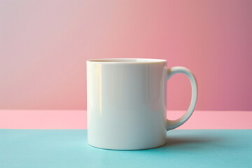 Single white coffee mug in front of pastel pink and blue studio background