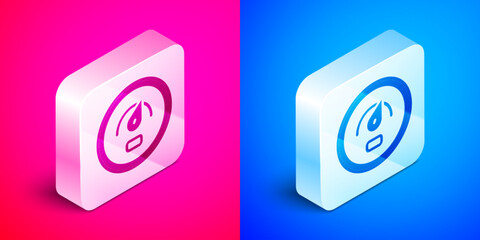 Isometric Digital speed meter concept icon isolated on pink and blue background. Global network high speed connection data rate technology. Silver square button. Vector