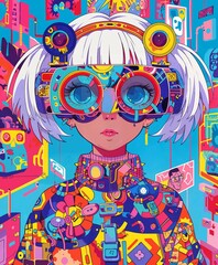 Manga Girl Portrait Psychedelic Colorful Pop-art Concept Drawing image HD Print Neo Art V7 38