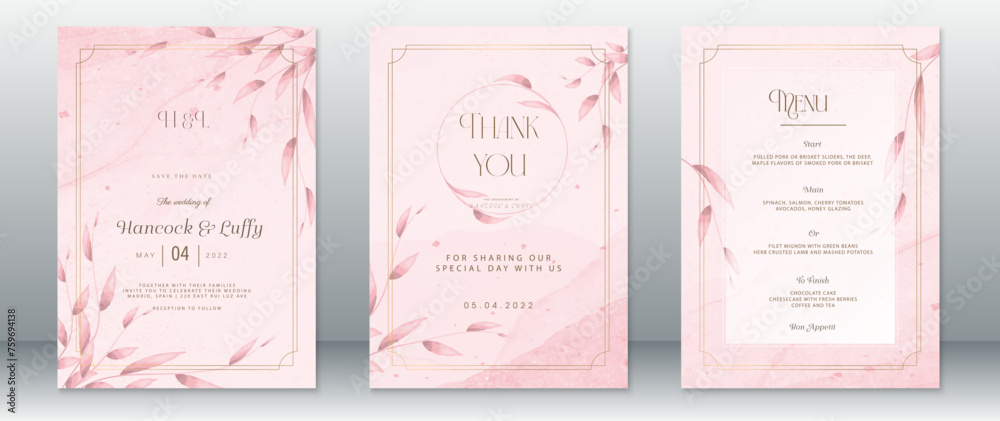 Wall mural Wedding invitation card template pink design with nature leaf  frame and watercolor background
